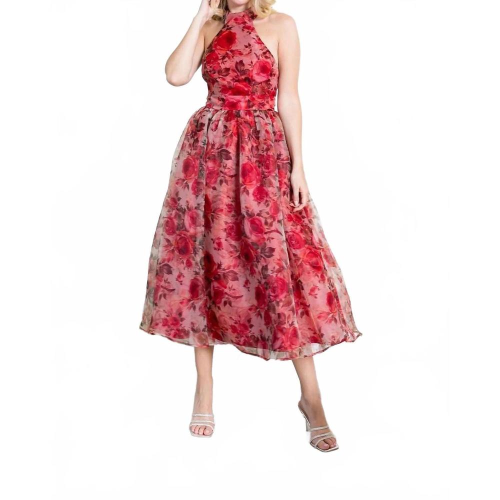 NEW B.RIGHT floral organza halter midi dress in red